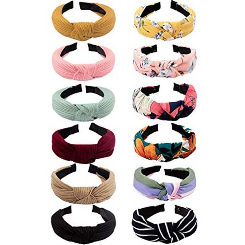 12 Pack Womens Knotted Headbands Wide Boho Elastic Hair Bands